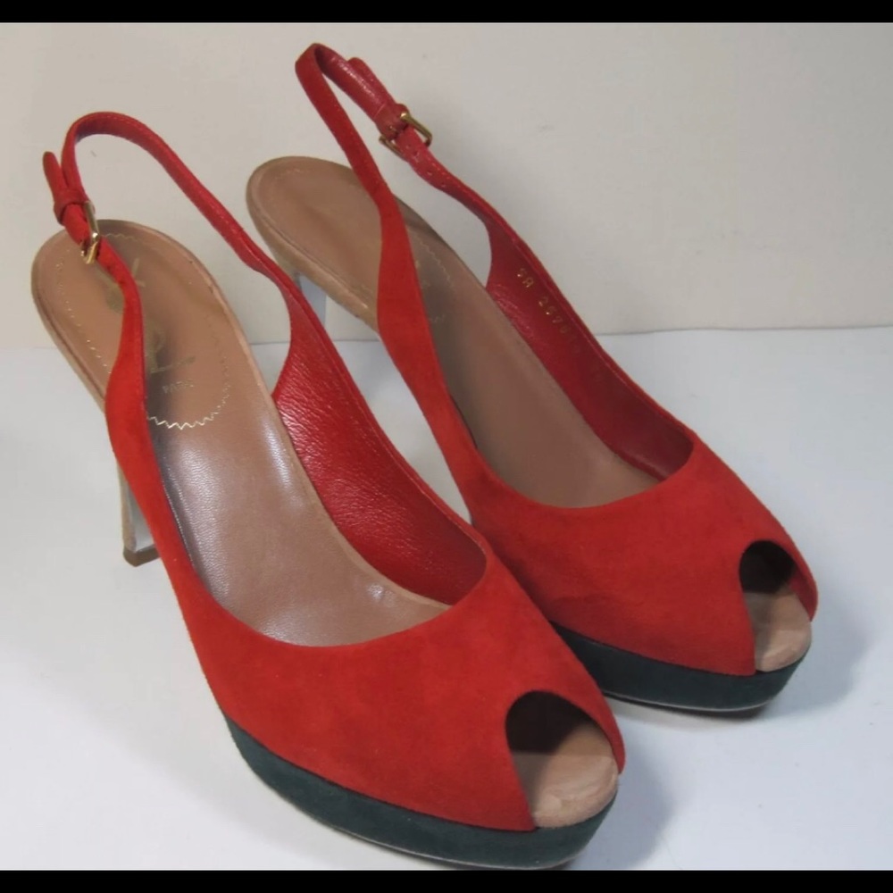 St. Laurent YSL Sling Back Peep Toe Pumps Red - Picture 1 of 7